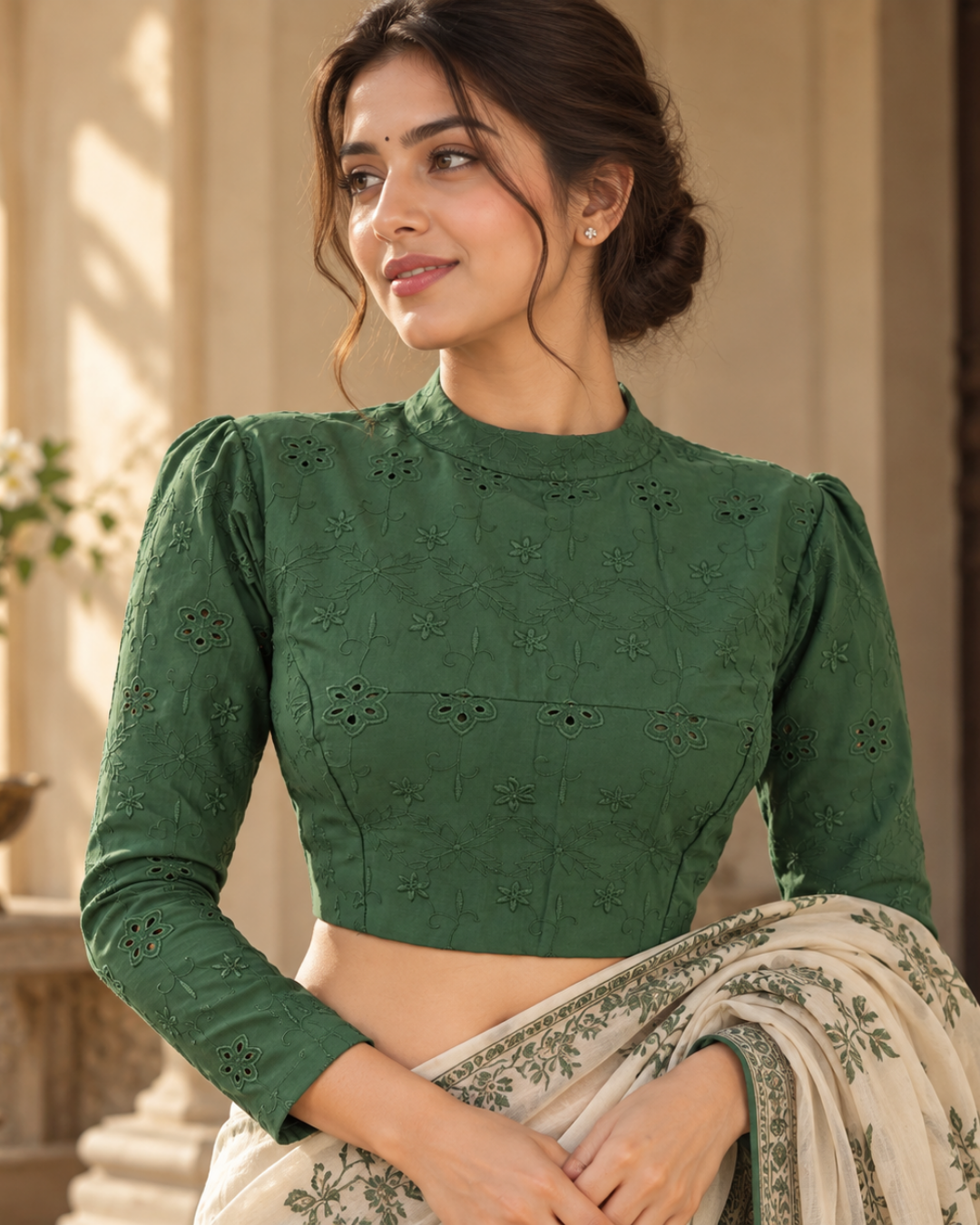 Hakoba Cotton Close Neck Blouse with Puff Full Sleeves, Back Open and  Lining , Bottle Green , BW1184