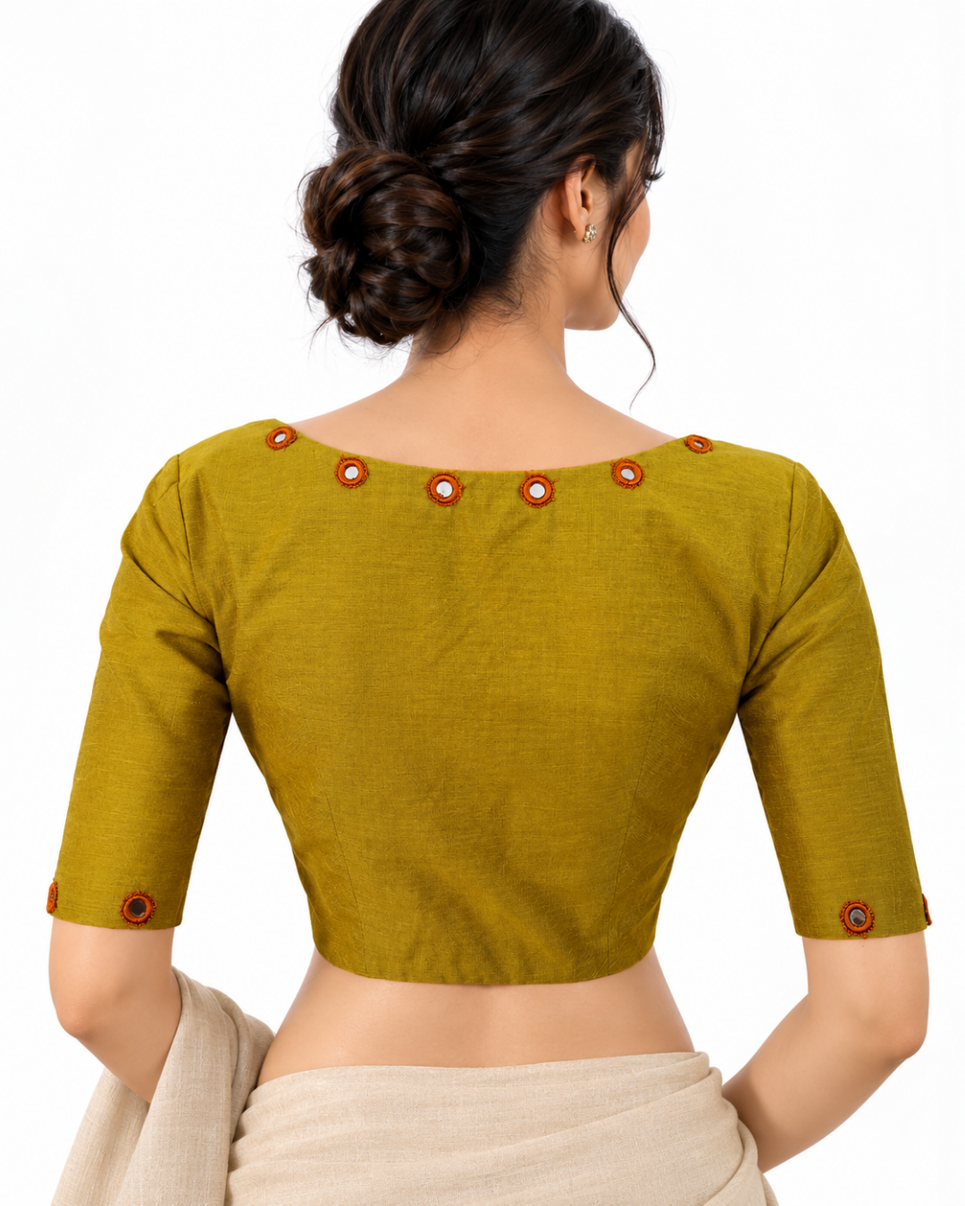 Textured Art Silk Y neck Blouse with Mirror Work Details & Lining,  Lemon Green, BS1128A