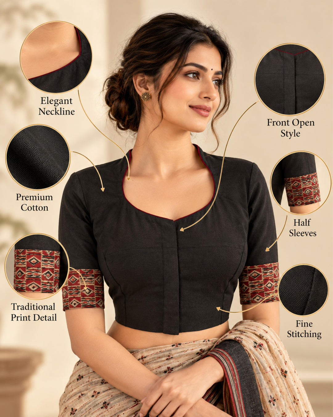 Flex Cotton High neck Blouse with Kalamkari Patches,  Black, BH1337