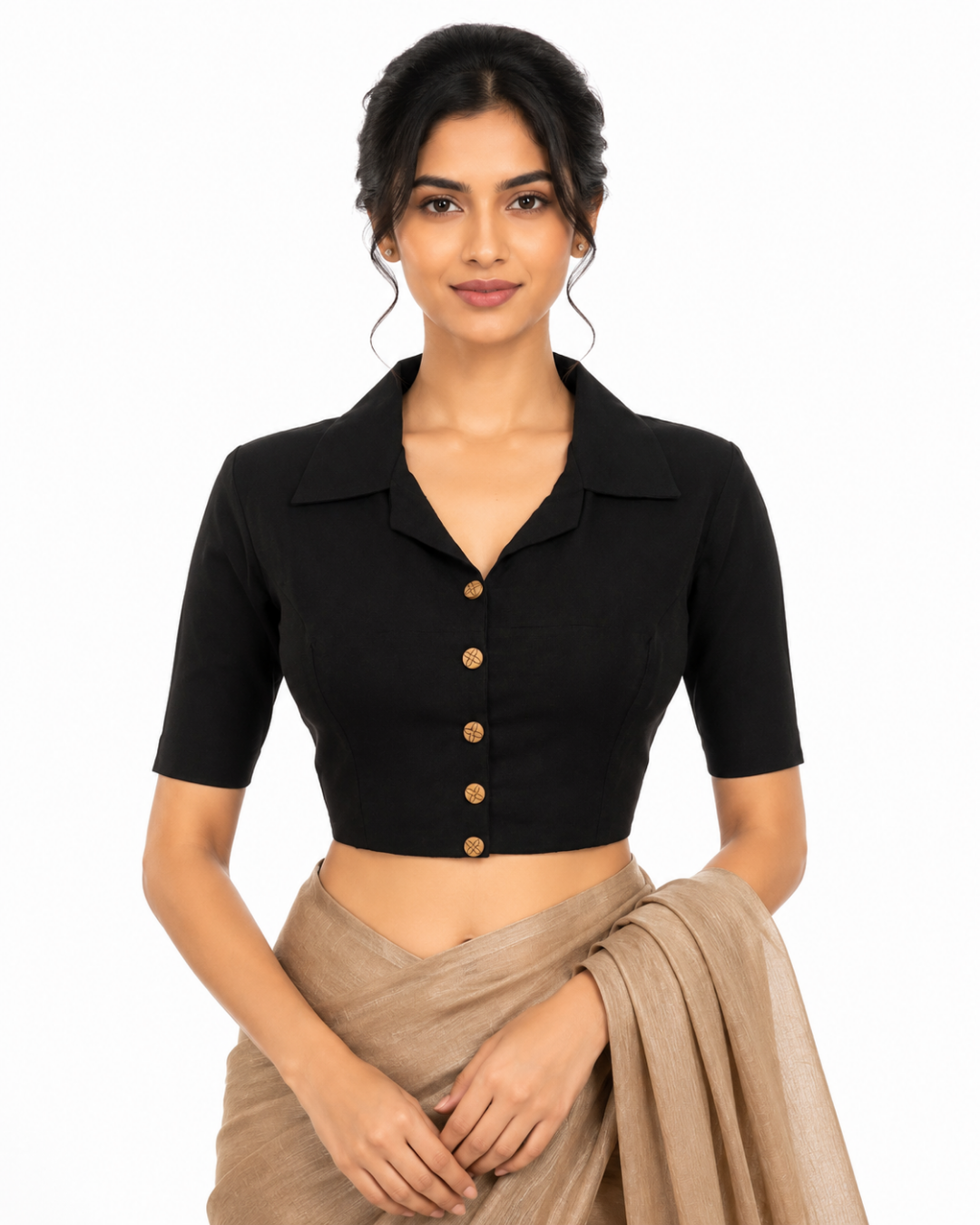 Flex Cotton Shirt Collar Blouse With Wooden Button Details , Black, BH1327