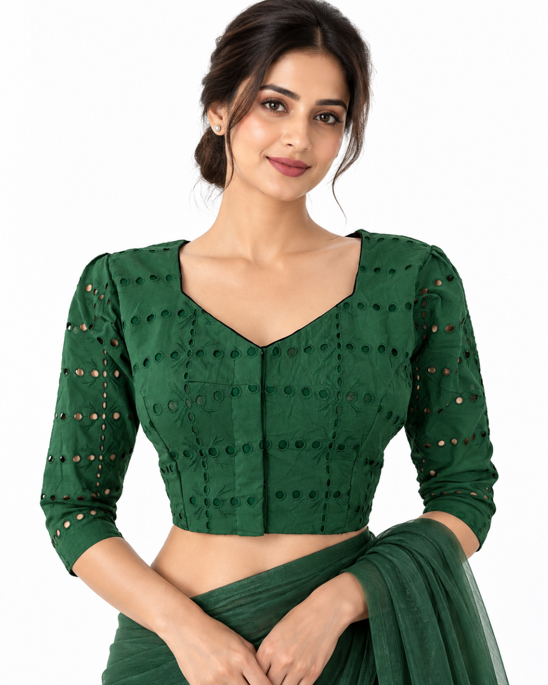 Hakoba Cutwork Cotton Sweetheart neck Blouse with Lining,  Bottle Green, BW1134