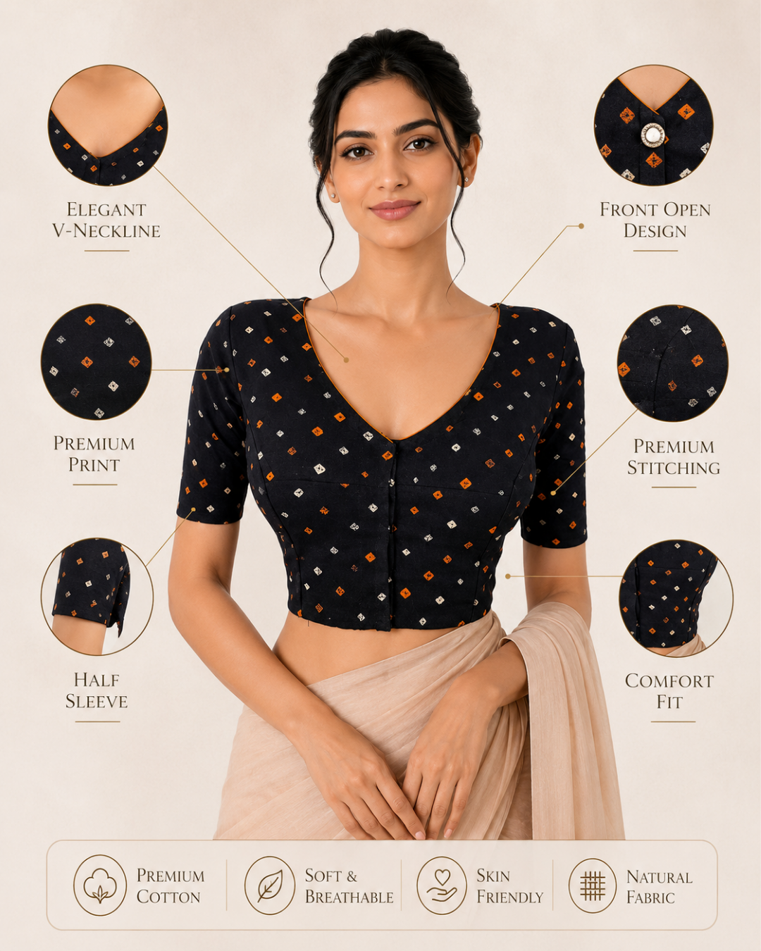 Bandhani Mul Cotton V neck Blouse with Lining, Black, BP1135