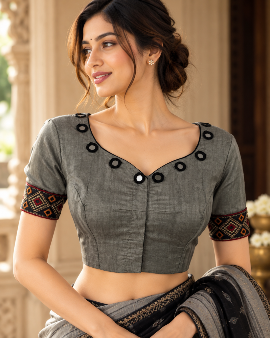 Semi-Raw Silk Y Neck Blouse with Embroidered Mirror Work & Puff Sleeves and  Lining ,Grey ,BS1188