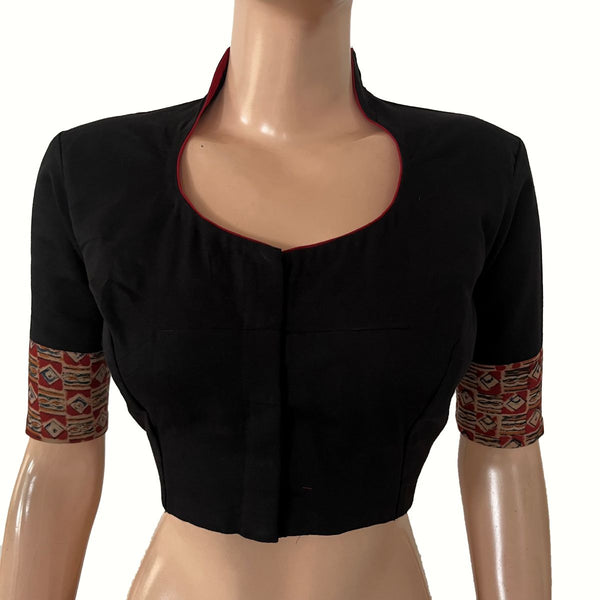 Flex Cotton High neck Blouse with Kalamkari Patches,  Black, BH1337