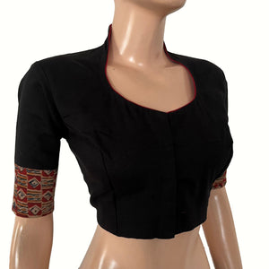 Flex Cotton High neck Blouse with Kalamkari Patches,  Black, BH1337