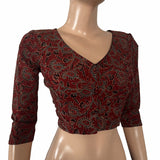 Ajrakh Cotton  V neck Blouse,  Maroon ,  BA1123