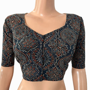 Ajrakh Cotton  Sweetheart neck Blouse,   Indigo blue,  BA1132