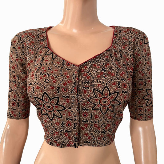 Ajrakh Cotton  Sweetheart neck Blouse,   Brown,  BA1133