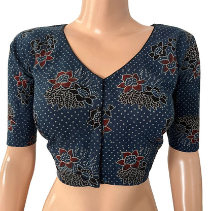 Ajrakh Cotton  V neck Blouse,   Indigo blue,  BA1139