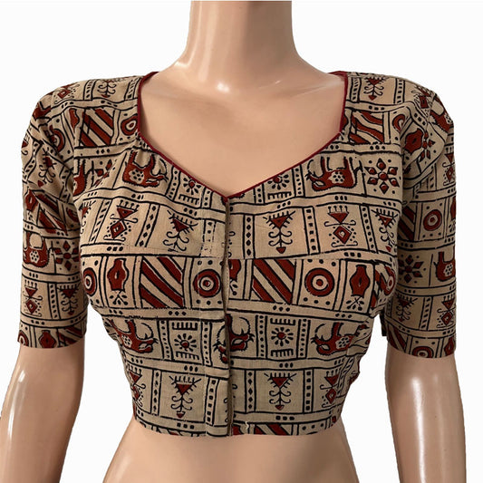 Ajrakh Cotton  Sweetheart neck Blouse,   Beige,  BA1141