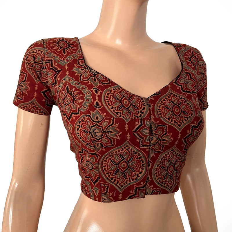 Ajrakh Cotton  Sweetheart neck Blouse, with Short Sleeves   Maroon,  BA1154