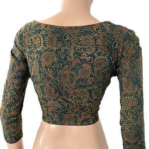 Ajrakh Cotton V neck Blouse with 3/4 Sleeves,  Green ,  BA1161