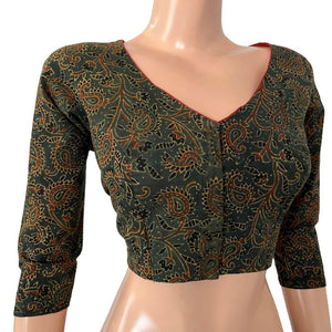 Ajrakh Cotton V neck Blouse with 3/4 Sleeves,  Green ,  BA1161