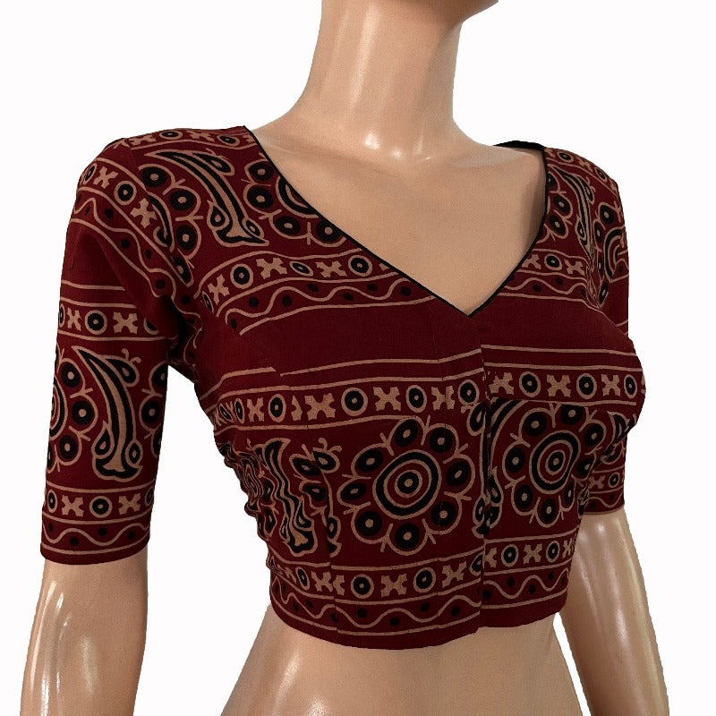 Ajrakh Cotton  V neck Blouse , Maroon,  BA1164