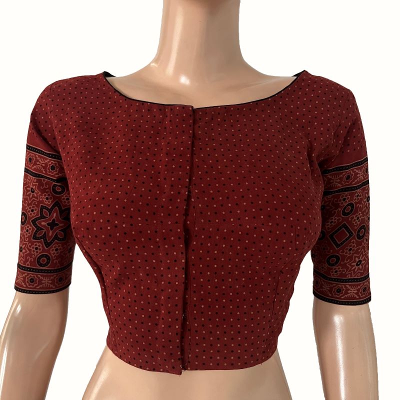 Ajrakh Cotton Boat Neck Blouse With Keyhole Back, Maroon ,  BA1170