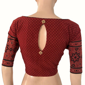 Ajrakh Cotton Boat Neck Blouse With Keyhole Back, Maroon ,  BA1170