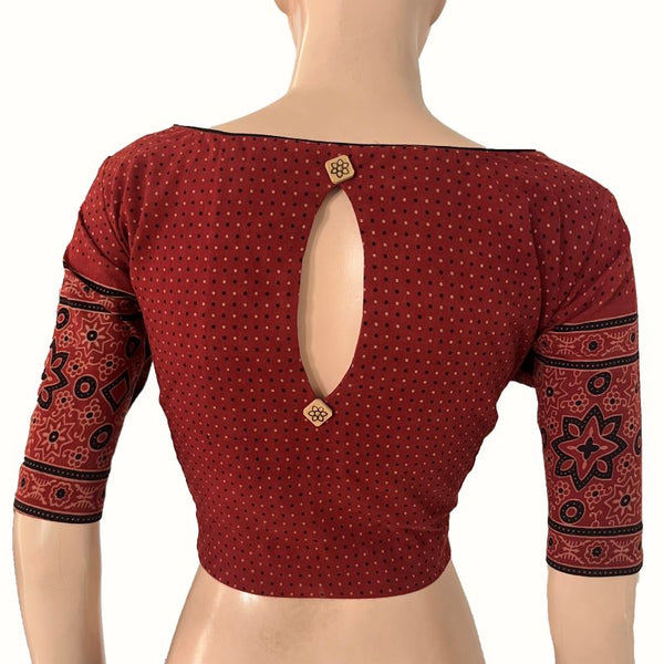 Ajrakh Cotton Boat Neck Blouse With Keyhole Back, Maroon ,  BA1170