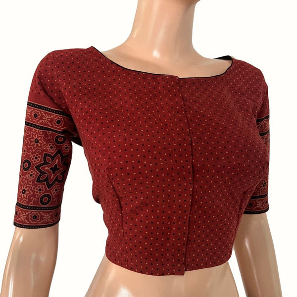 Ajrakh Cotton Boat Neck Blouse With Keyhole Back, Maroon ,  BA1170
