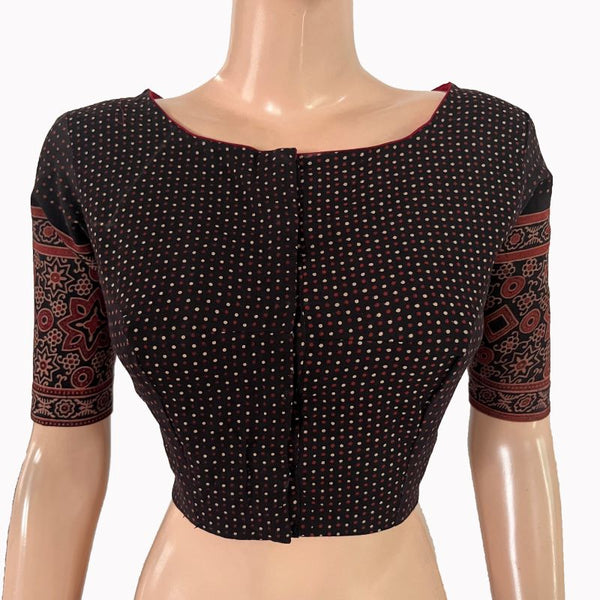 Ajrakh Cotton Boat  Neck Blouse with Back Keyhole , Black ,BA1173