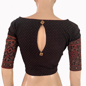 Ajrakh Cotton Boat  Neck Blouse with Back Keyhole , Black ,BA1173