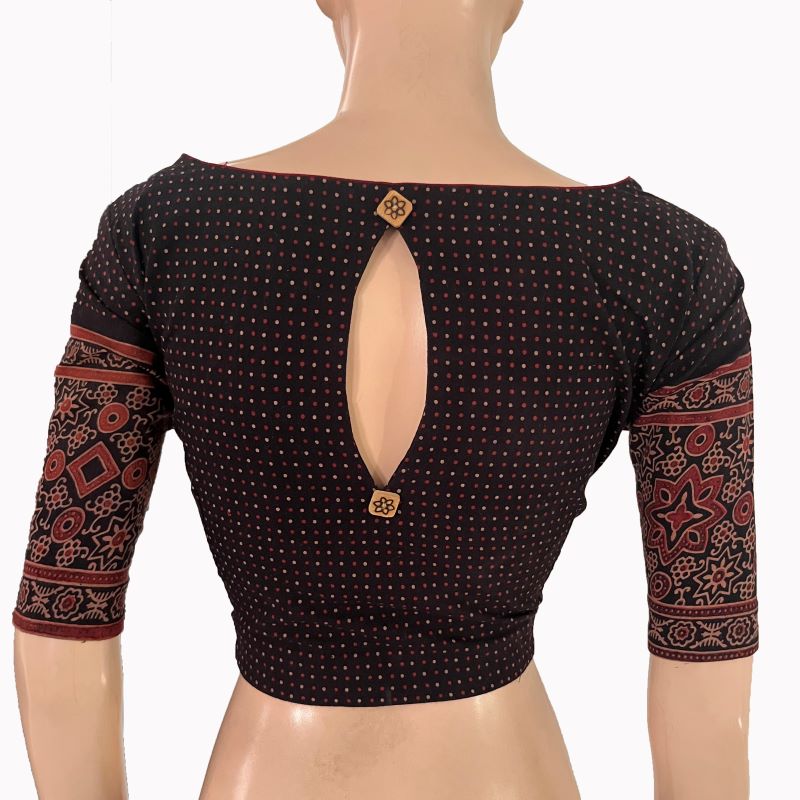 Ajrakh Cotton Boat  Neck Blouse with Back Keyhole , Black ,BA1173