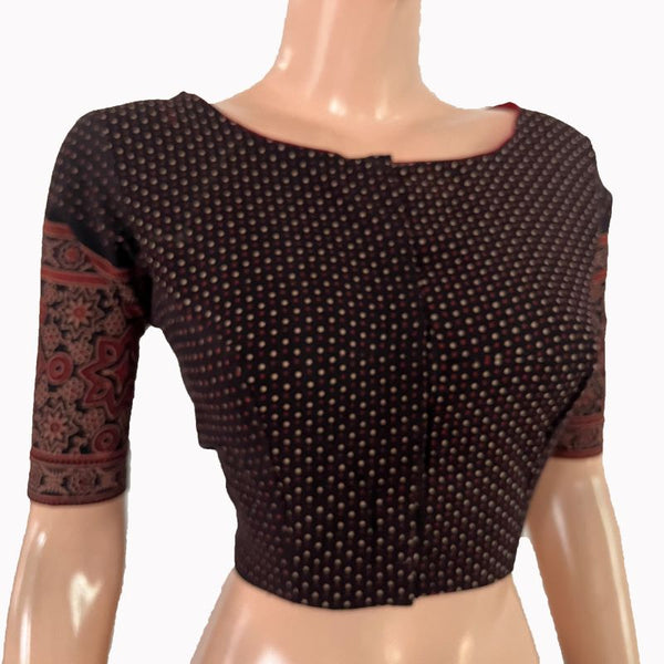 Ajrakh Cotton Boat  Neck Blouse with Back Keyhole , Black ,BA1173