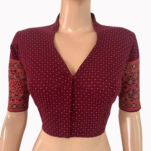 Ajrakh Cotton High Neck Blouse , Purple - Maroon ,BA1174
