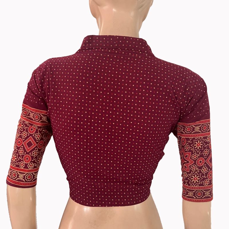 Ajrakh Cotton High Neck Blouse , Purple - Maroon ,BA1174