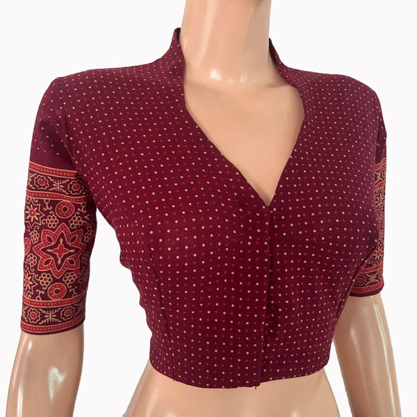 Ajrakh Cotton High Neck Blouse , Purple - Maroon ,BA1174