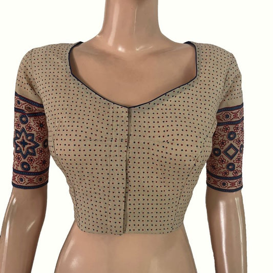 Ajrakh Cotton Sweetheart Neck Blouse, Ivory, BA1176