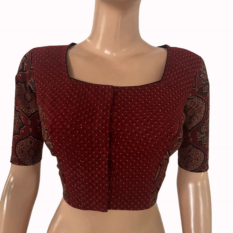 Ajrakh Cotton Square Neck Blouse with Potli Button Details , Maroon, BA1177