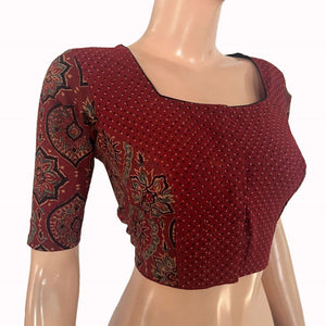 Ajrakh Cotton Square Neck Blouse with Potli Button Details , Maroon, BA1177