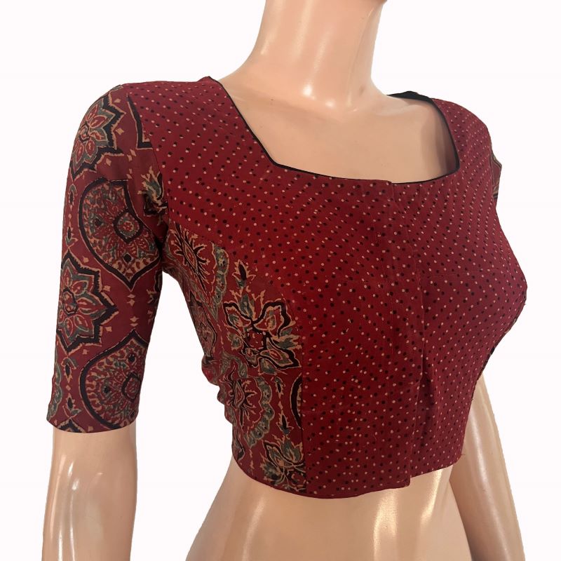 Ajrakh Cotton Square Neck Blouse with Potli Button Details , Maroon, BA1177