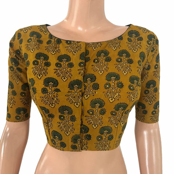 Ajrakh Cotton Boat Neck Blouse, Mustard , BA1178