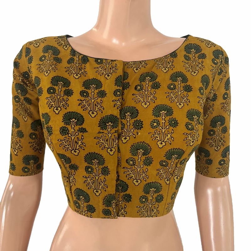 Ajrakh Cotton Boat Neck Blouse, Mustard , BA1178