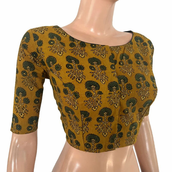 Ajrakh Cotton Boat Neck Blouse, Mustard , BA1178