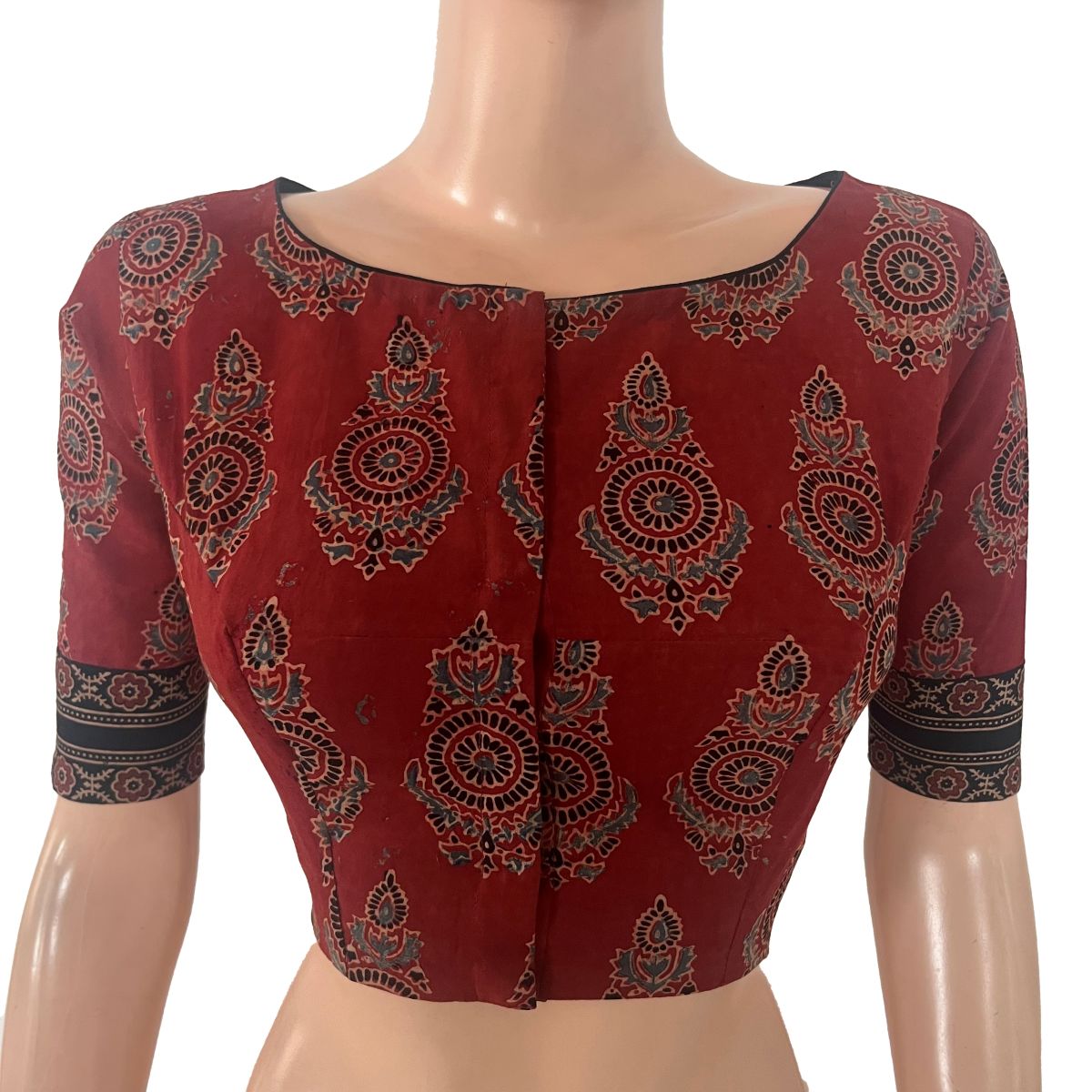 Ajrakh Cotton Boat Neck Blouse With Keyhole Back, Maroon , BA1181
