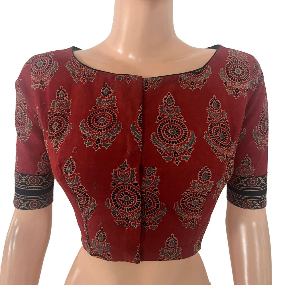 Ajrakh Cotton Boat Neck Blouse With Keyhole Back, Maroon , BA1181