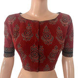Ajrakh Cotton Boat Neck Blouse With Keyhole Back, Maroon , BA1181
