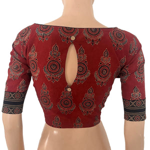 Ajrakh Cotton Boat Neck Blouse With Keyhole Back, Maroon , BA1181