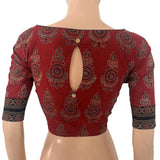 Ajrakh Cotton Boat Neck Blouse With Keyhole Back, Maroon , BA1181