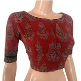 Ajrakh Cotton Boat Neck Blouse With Keyhole Back, Maroon , BA1181