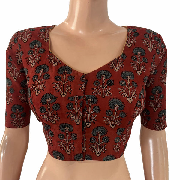 Ajrakh Cotton Sweetheart Neck Blouse , Rust-Maroon , BA1180
