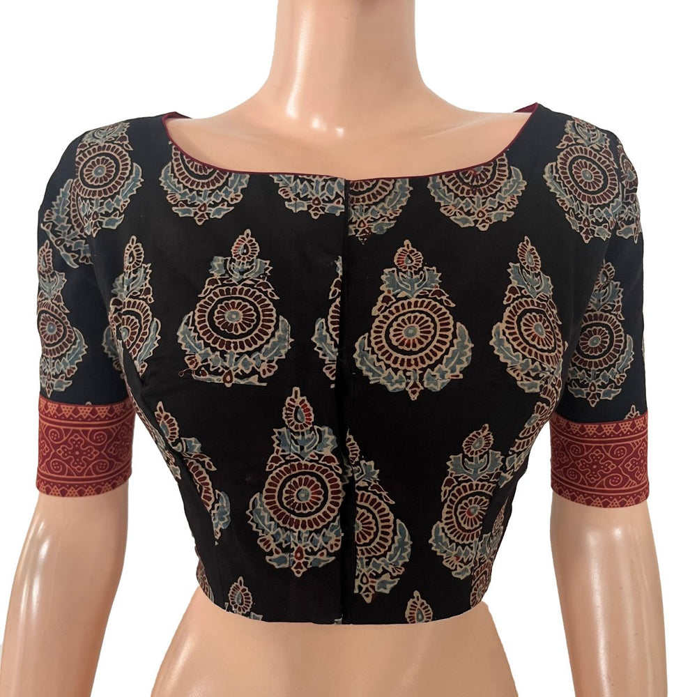 Ajrakh Cotton Boat Neck Blouse With Keyhole Back, Black , BA1182