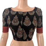 Ajrakh Cotton Boat Neck Blouse With Keyhole Back, Black , BA1182