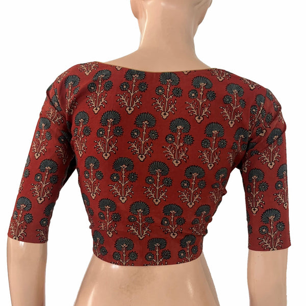 Ajrakh Cotton Sweetheart Neck Blouse , Rust-Maroon , BA1180