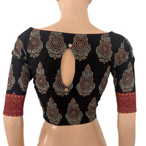 Ajrakh Cotton Boat Neck Blouse With Keyhole Back, Black , BA1182