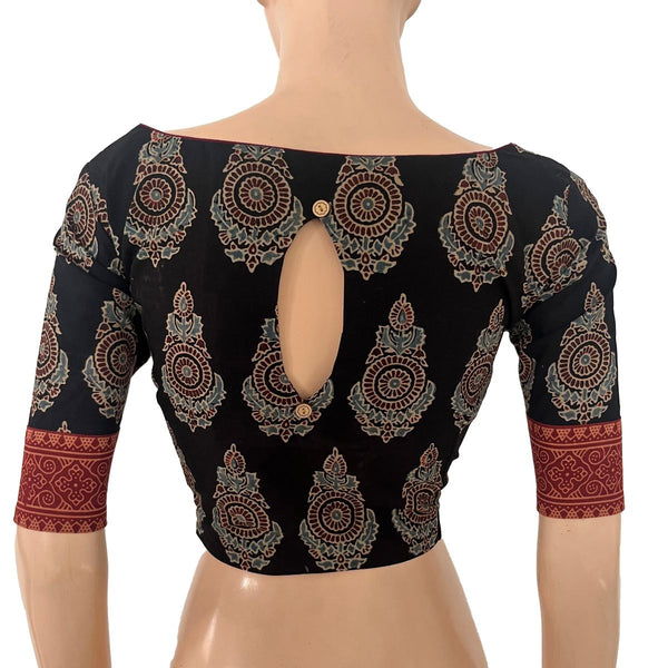 Ajrakh Cotton Boat Neck Blouse With Keyhole Back, Black , BA1182
