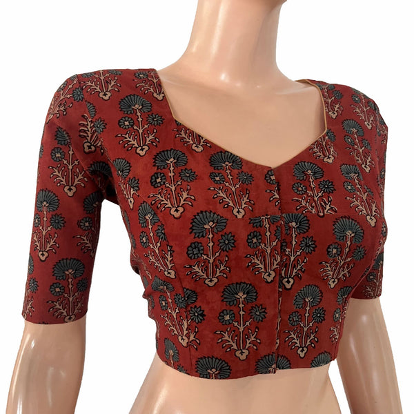 Ajrakh Cotton Sweetheart Neck Blouse , Rust-Maroon , BA1180