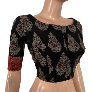 Ajrakh Cotton Boat Neck Blouse With Keyhole Back, Black , BA1182